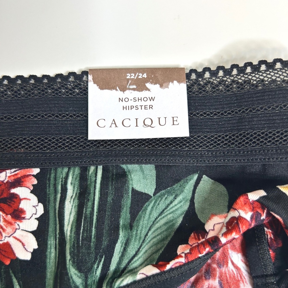 Cacique NWT No Show Hipster Panty Floral Lace Trim Size 22/24 Black Multi - Picture 2 of 4